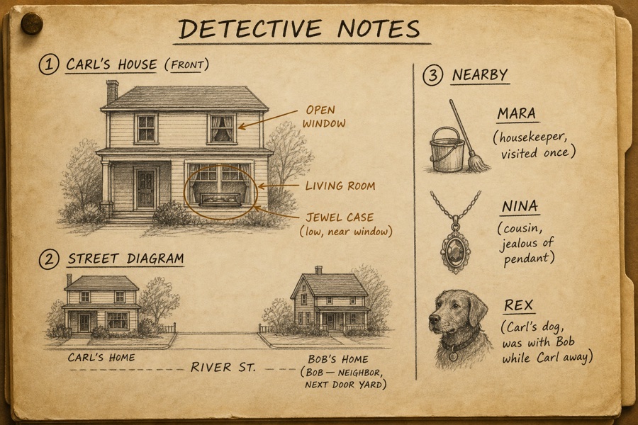 Detective notes sketch showing window placement, jewel case location, and people nearby