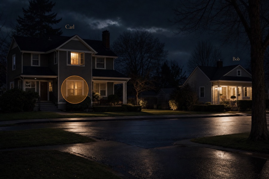 Street view of Carl's home with open window and living room where the jewel was kept, and Bob's house across the street